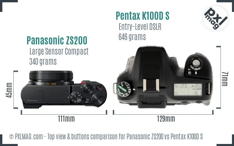Panasonic ZS200 vs Pentax K100D S top view buttons comparison