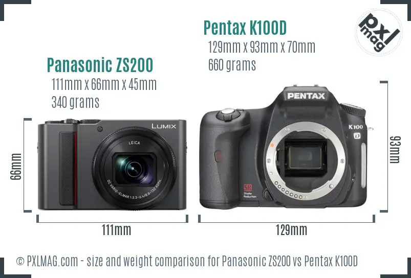 Panasonic ZS200 vs Pentax K100D size comparison