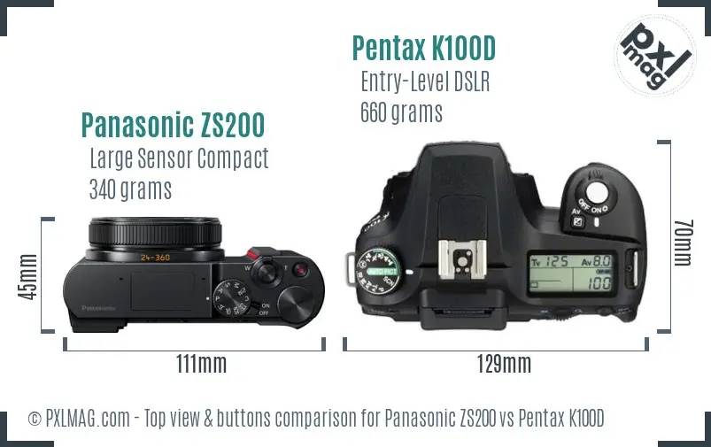 Panasonic ZS200 vs Pentax K100D top view buttons comparison