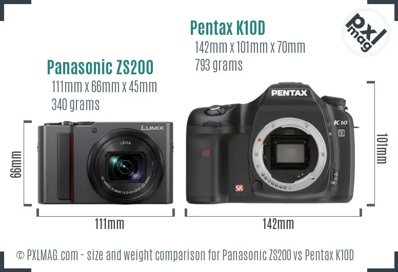 Panasonic ZS200 vs Pentax K10D size comparison