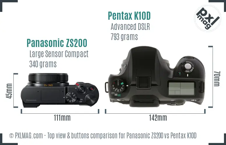 Panasonic ZS200 vs Pentax K10D top view buttons comparison