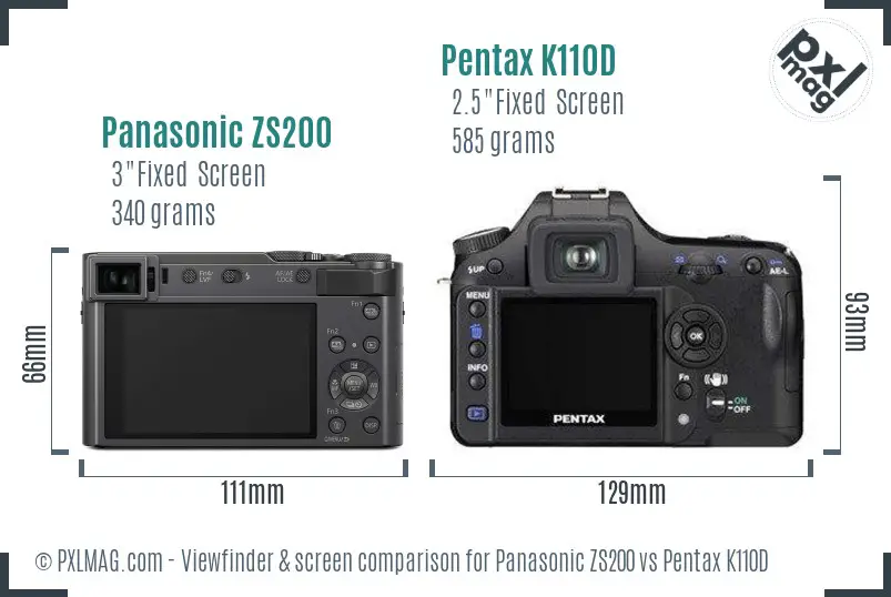 Panasonic ZS200 vs Pentax K110D Screen and Viewfinder comparison