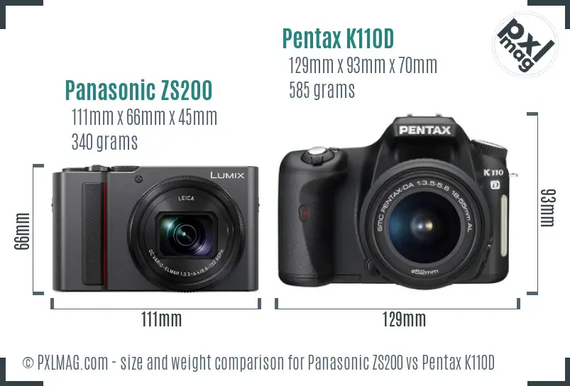 Panasonic ZS200 vs Pentax K110D size comparison