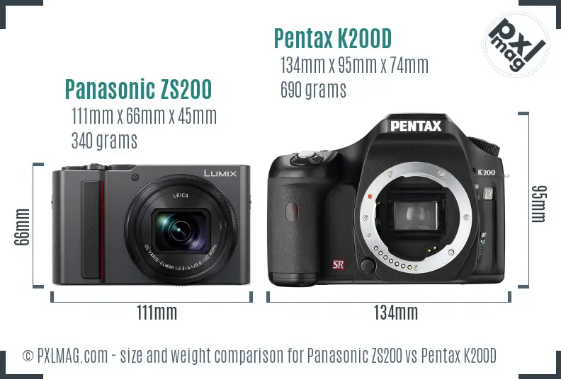 Panasonic ZS200 vs Pentax K200D size comparison
