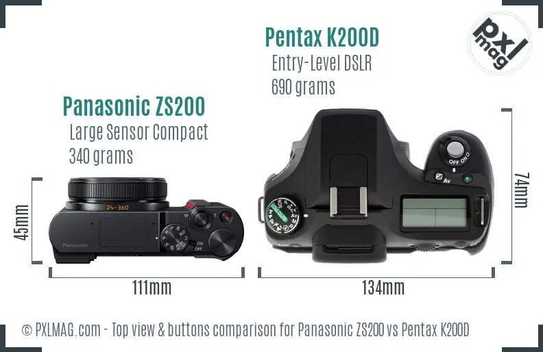 Panasonic ZS200 vs Pentax K200D top view buttons comparison