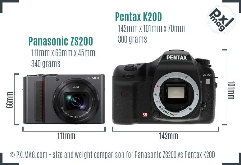 Panasonic ZS200 vs Pentax K20D size comparison