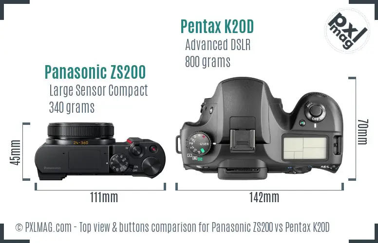 Panasonic ZS200 vs Pentax K20D top view buttons comparison