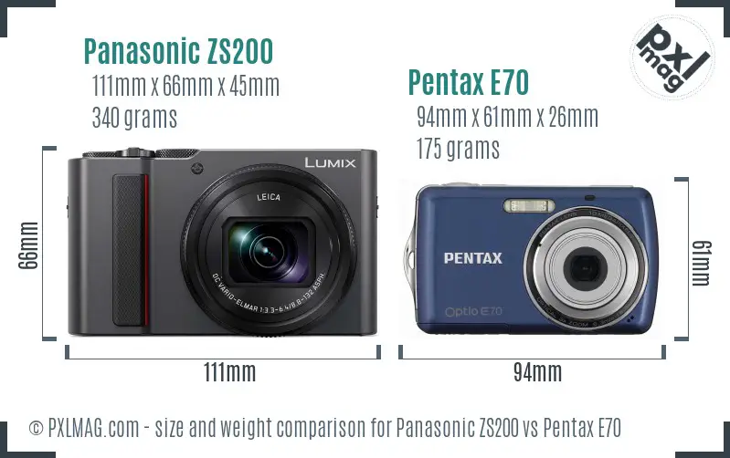 Panasonic ZS200 vs Pentax E70 size comparison