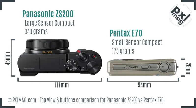 Panasonic ZS200 vs Pentax E70 top view buttons comparison