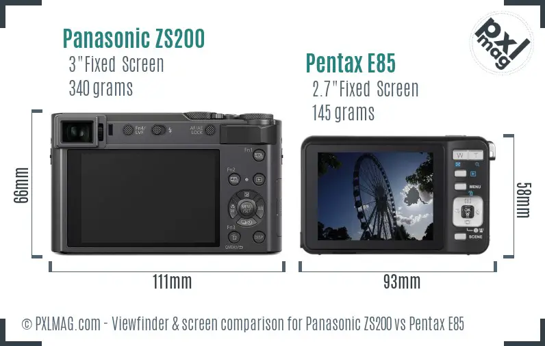 Panasonic ZS200 vs Pentax E85 Screen and Viewfinder comparison