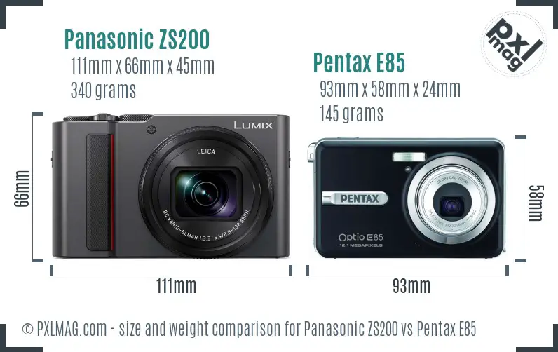 Panasonic ZS200 vs Pentax E85 size comparison