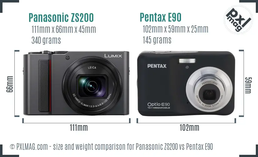 Panasonic ZS200 vs Pentax E90 size comparison