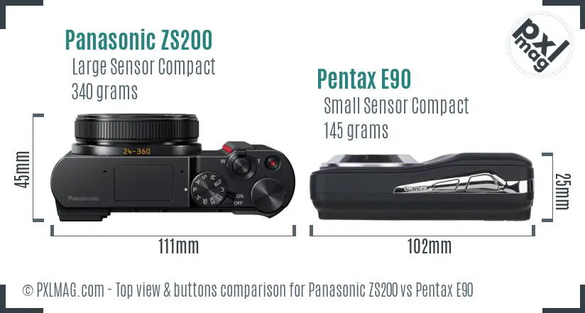 Panasonic ZS200 vs Pentax E90 top view buttons comparison