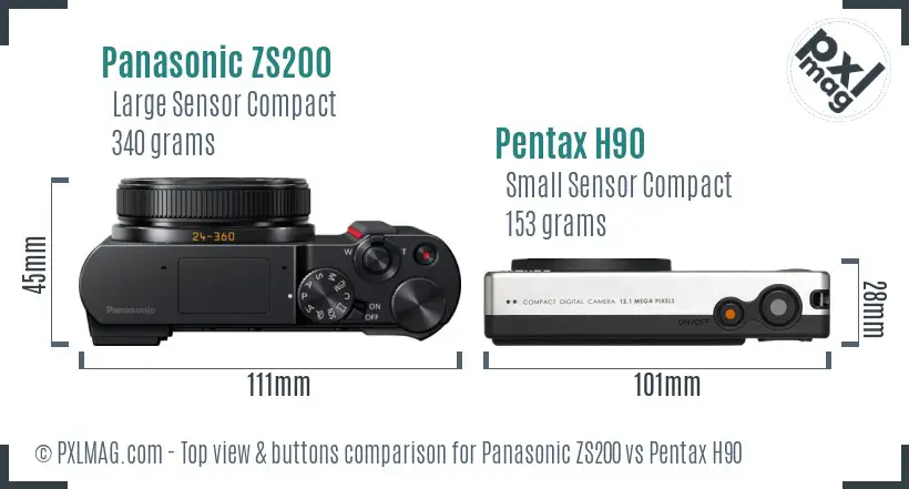 Panasonic ZS200 vs Pentax H90 top view buttons comparison
