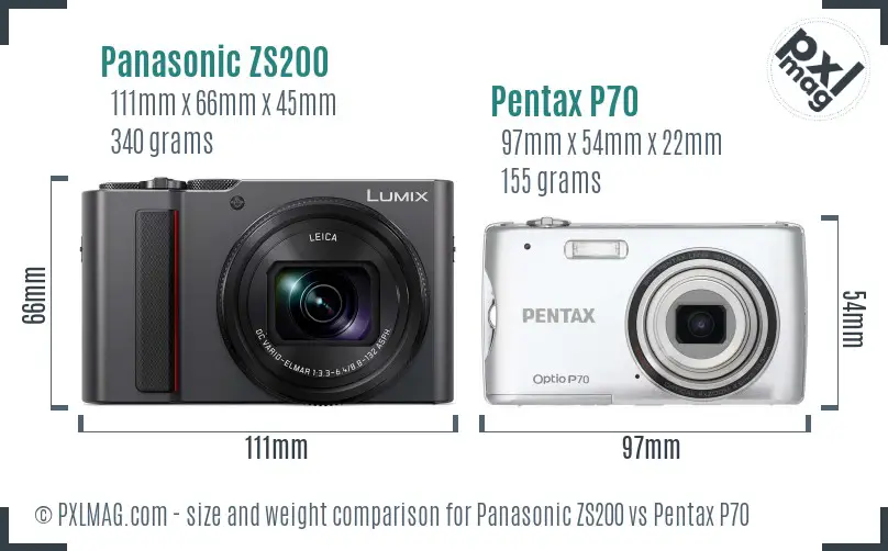 Panasonic ZS200 vs Pentax P70 size comparison