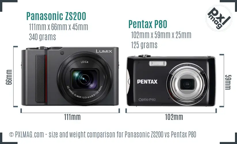 Panasonic ZS200 vs Pentax P80 size comparison