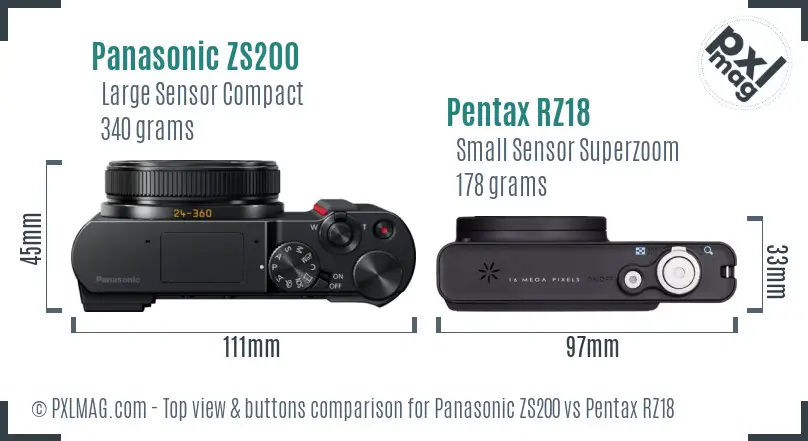 Panasonic ZS200 vs Pentax RZ18 top view buttons comparison