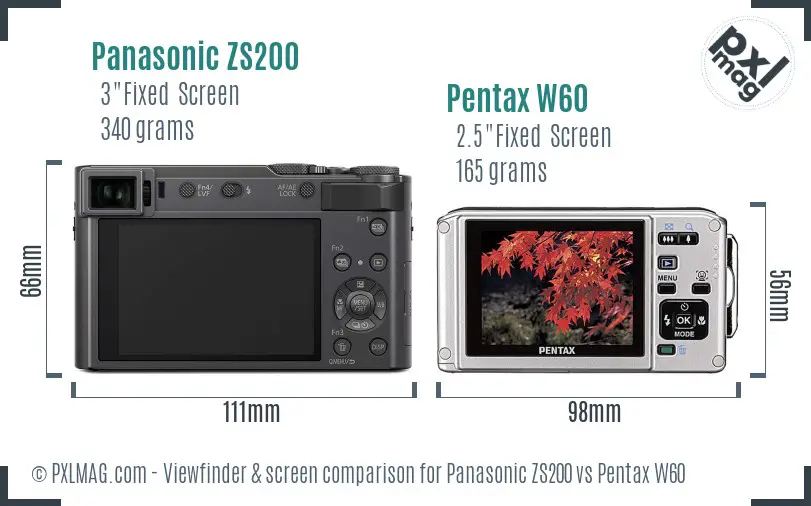 Panasonic ZS200 vs Pentax W60 Screen and Viewfinder comparison