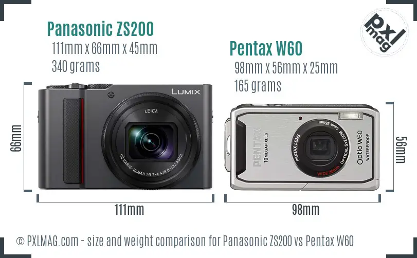 Panasonic ZS200 vs Pentax W60 size comparison