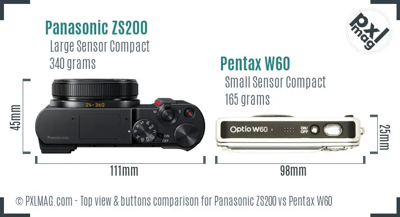 Panasonic ZS200 vs Pentax W60 top view buttons comparison