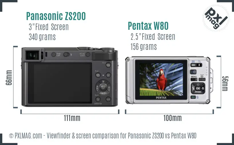 Panasonic ZS200 vs Pentax W80 Screen and Viewfinder comparison