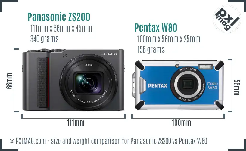 Panasonic ZS200 vs Pentax W80 size comparison
