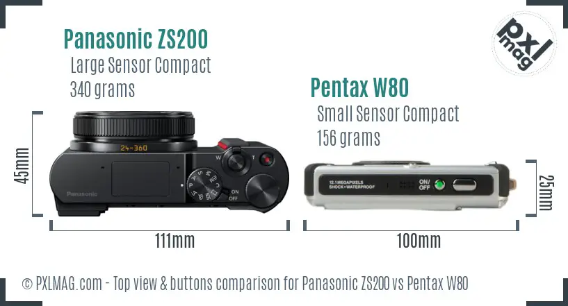 Panasonic ZS200 vs Pentax W80 top view buttons comparison