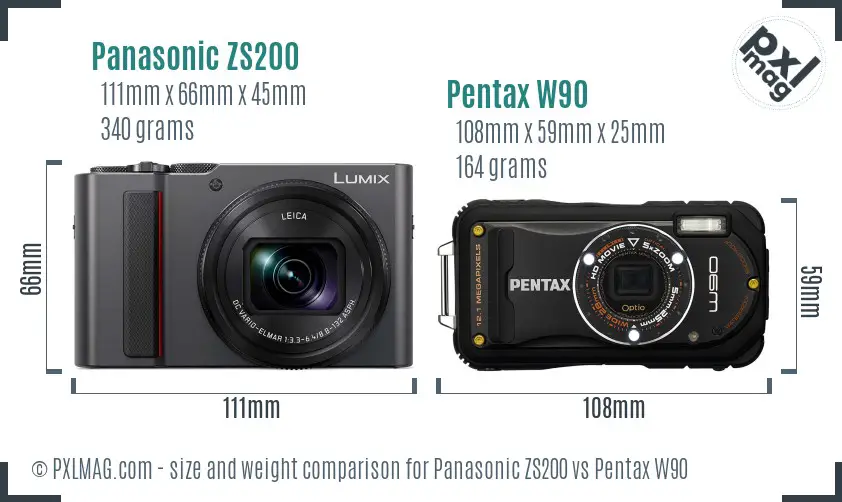 Panasonic ZS200 vs Pentax W90 size comparison