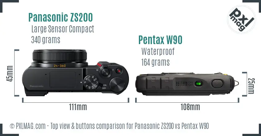 Panasonic ZS200 vs Pentax W90 top view buttons comparison