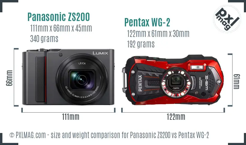Panasonic ZS200 vs Pentax WG-2 size comparison