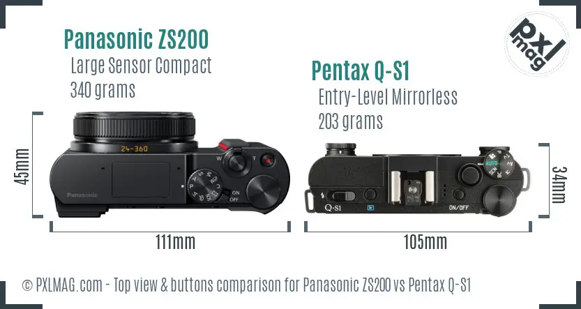 Panasonic ZS200 vs Pentax Q-S1 top view buttons comparison