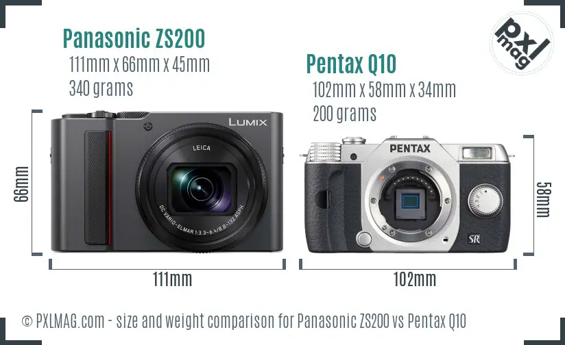 Panasonic ZS200 vs Pentax Q10 size comparison
