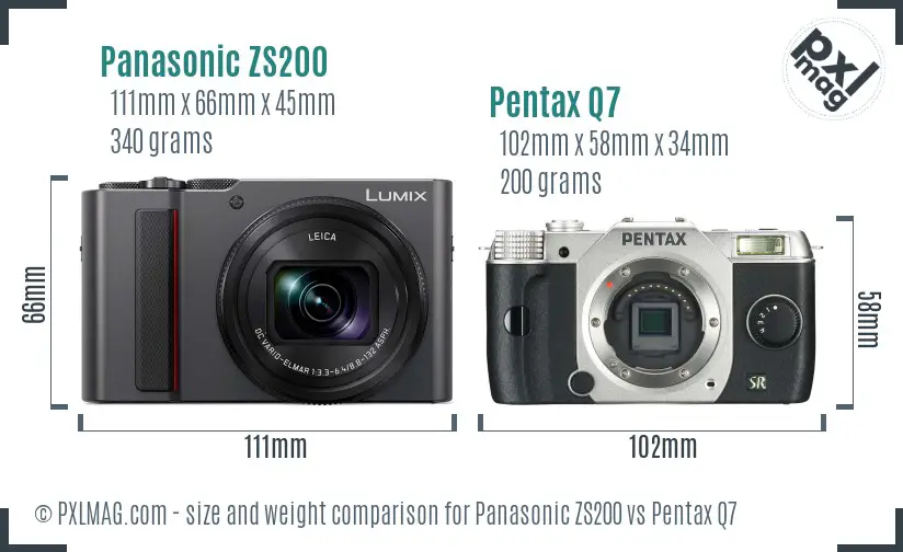 Panasonic ZS200 vs Pentax Q7 size comparison