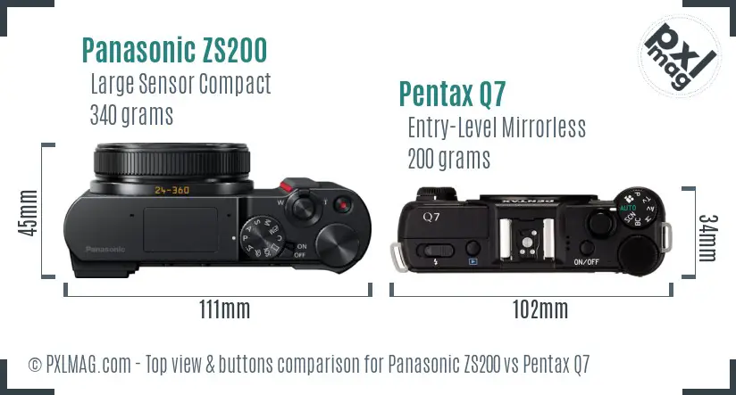 Panasonic ZS200 vs Pentax Q7 top view buttons comparison