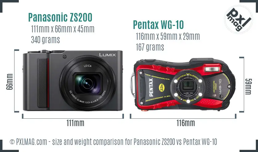 Panasonic ZS200 vs Pentax WG-10 size comparison