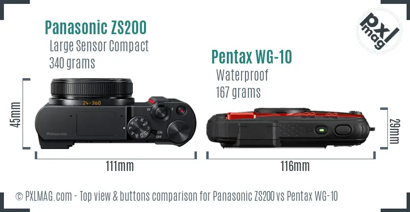 Panasonic ZS200 vs Pentax WG-10 top view buttons comparison