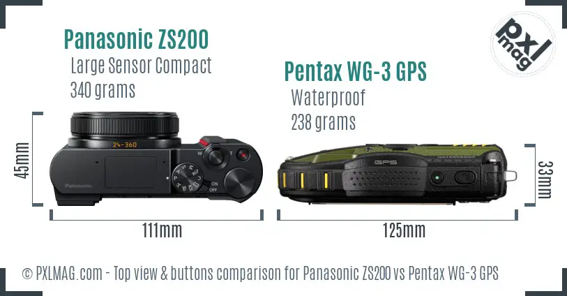Panasonic ZS200 vs Pentax WG-3 GPS top view buttons comparison