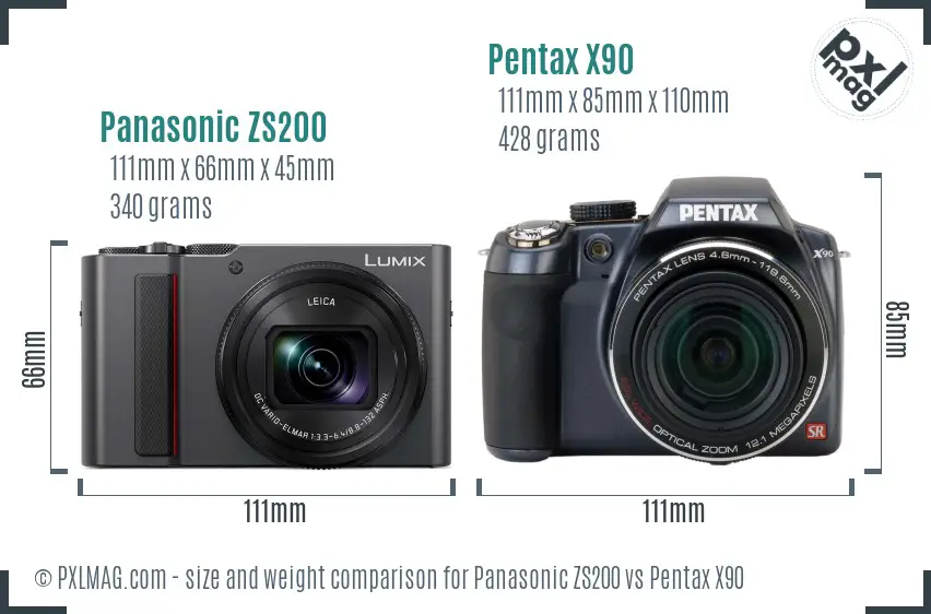 Panasonic ZS200 vs Pentax X90 size comparison