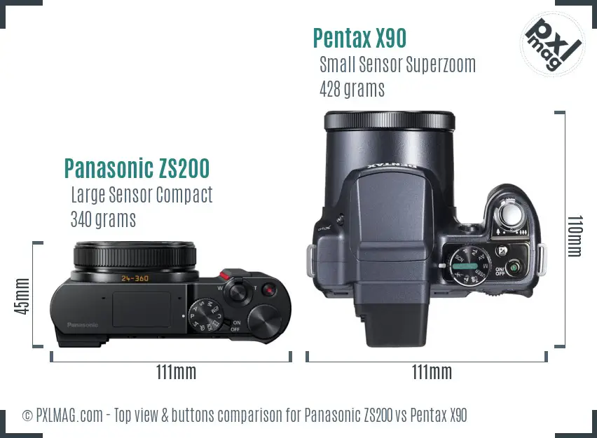 Panasonic ZS200 vs Pentax X90 top view buttons comparison