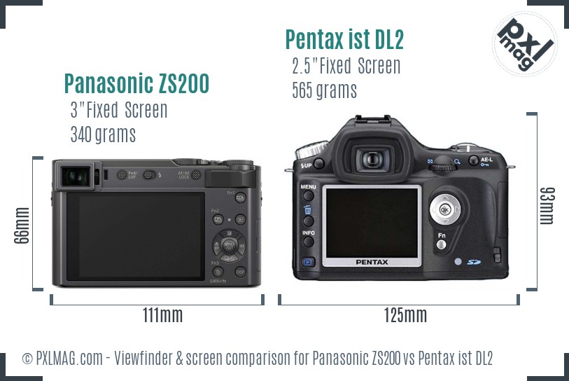 Panasonic ZS200 vs Pentax ist DL2 Screen and Viewfinder comparison