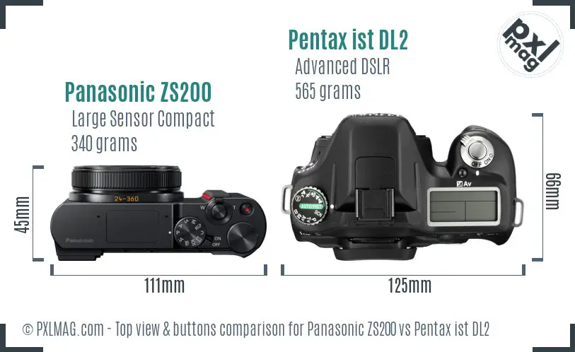 Panasonic ZS200 vs Pentax ist DL2 top view buttons comparison
