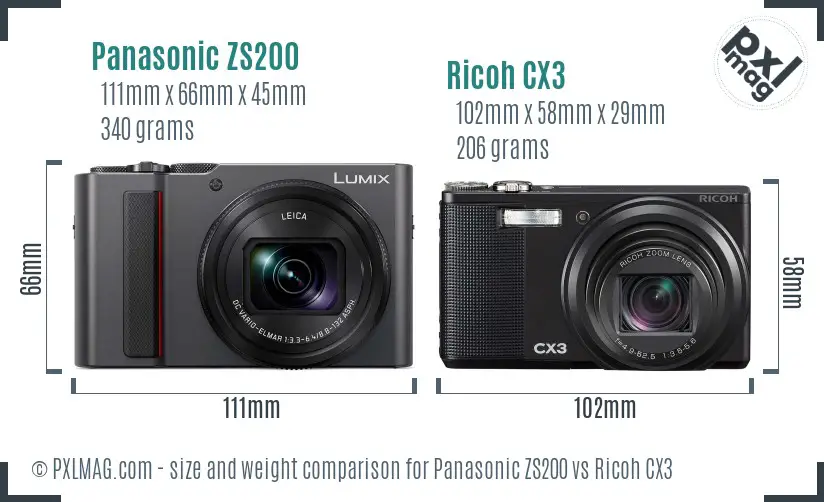 Panasonic ZS200 vs Ricoh CX3 size comparison