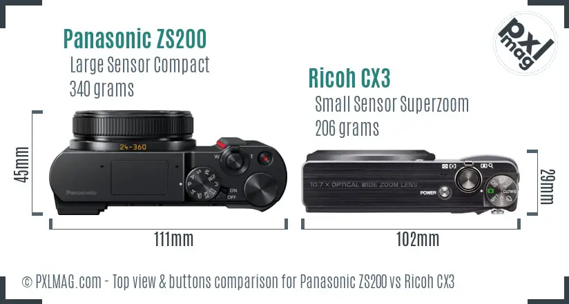 Panasonic ZS200 vs Ricoh CX3 top view buttons comparison