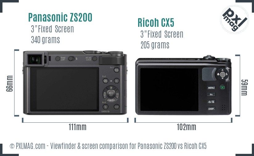 Panasonic ZS200 vs Ricoh CX5 Screen and Viewfinder comparison