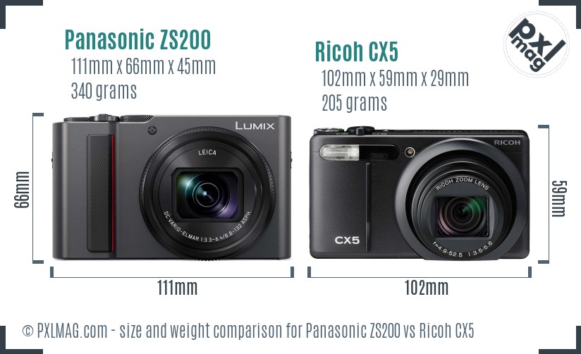 Panasonic ZS200 vs Ricoh CX5 size comparison