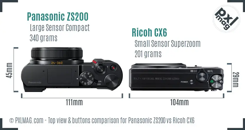 Panasonic ZS200 vs Ricoh CX6 top view buttons comparison Panasonic ZS200 vs Ricoh CX6 top view buttons comparison