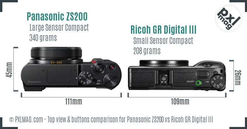 Panasonic ZS200 vs Ricoh GR Digital III top view buttons comparison Panasonic ZS200 vs Ricoh GR Digital III top view buttons comparison