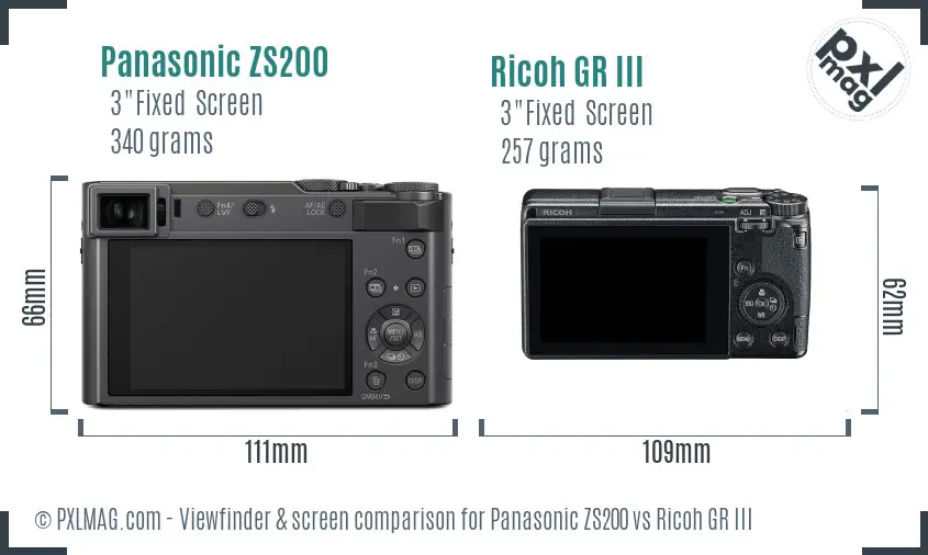 Panasonic ZS200 vs Ricoh GR III Screen and Viewfinder comparison
