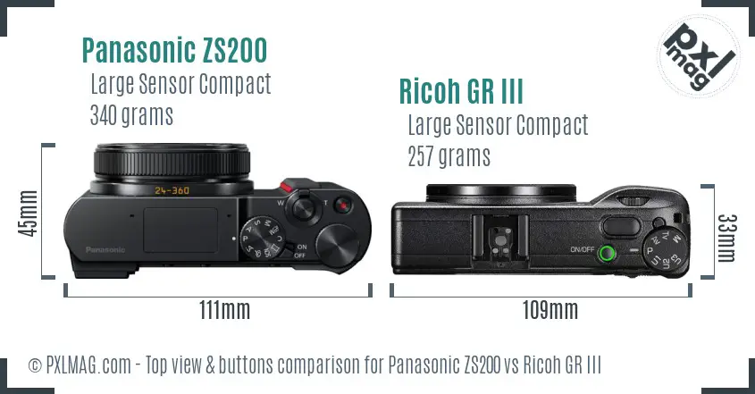 Panasonic ZS200 vs Ricoh GR III top view buttons comparison