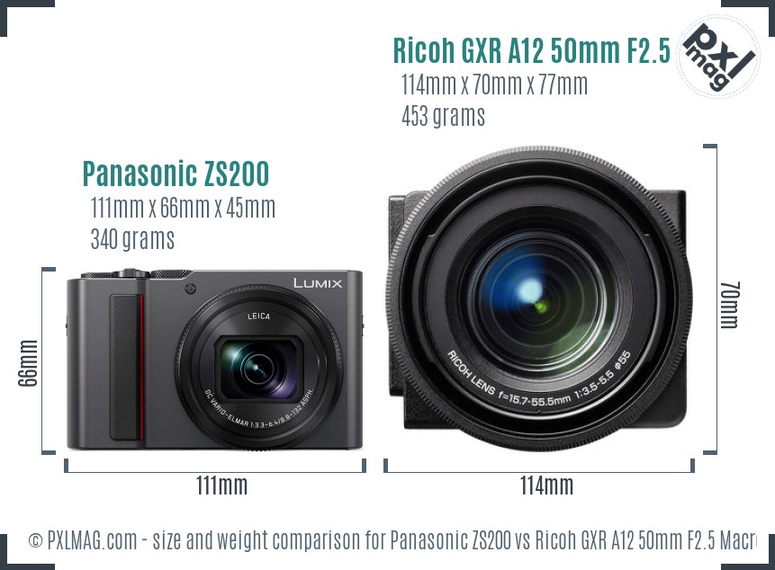 Panasonic ZS200 vs Ricoh GXR A12 50mm F2.5 Macro size comparison
